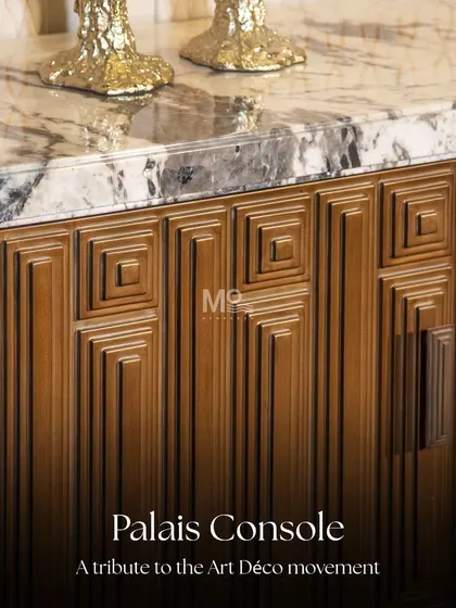 The Palais Console is our tribute to the Art Déco movement. Its design features intricate geometric patterns of concentric squares etched into warm-toned wood, topped with a natural marble slab for a sense of permanence and luxury.