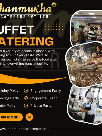 A collage showcasing our buffet catering capabilities, from the kitchen preparation to the final delicious spread enjoyed by guests at weddings, parties, and corporate events.