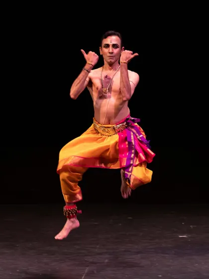 This is the essence of Bharatanatyam for me, a moment of complete surrender to the rhythm and story. This dynamic leap captures the energy I strive to bring to every solo performance, embodying the spirit of the character.
