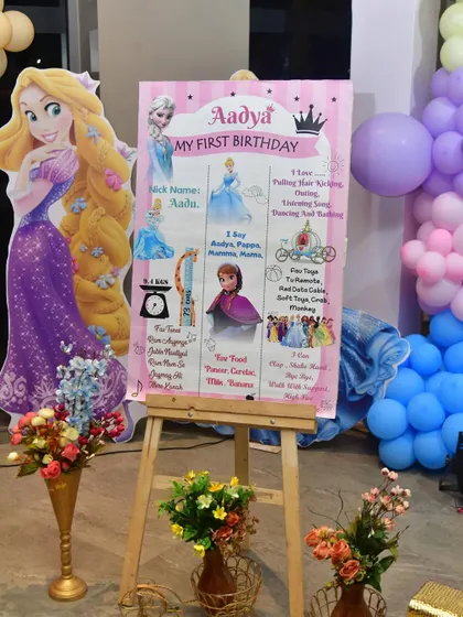 A personalized milestone board is a great way to share memories. This one was designed for a princess-themed first birthday, featuring the baby's favorite things and photos.