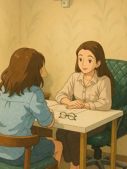 An artistic, Ghibli-style illustration of the consultation process shown in the previous image. It reflects the calm, caring, and personalized atmosphere we cultivate for our clients.