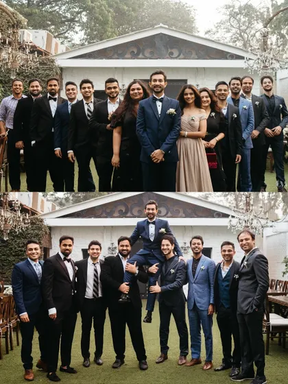A fun collage of the groom with his groomsmen. It shows both a formal group portrait and a playful moment with his friends lifting him up, capturing the spirit of brotherhood.