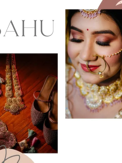 A bridal mood board featuring a close-up of the bride's makeup and nath, alongside a detail shot of her necklace and wedding shoes.