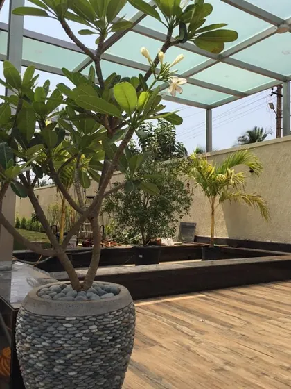 This series of images shows a complete residential project. It features the exterior hardscaping, a rooftop terrace garden with a Plumeria tree, and indoor plants that enhance the grand entrance and living spaces.