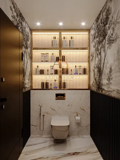 This angle shows the clever use of a backlit, fluted glass cabinet for storage, set against the artistic wallpaper and marble-clad lower wall.