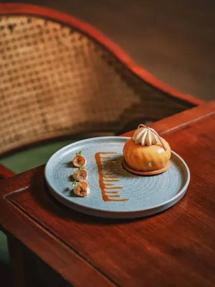 My Banoffee Petit Gateaux, a memory reimagined. It features a hazelnut sponge, banana caramel, and whipped banana mousse in one delicate bite.