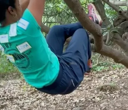 A climber having fun on a tree during a break at our workshop. Our meetups are about enjoying every aspect of being outdoors with the community.