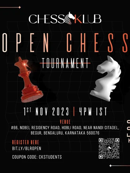 The announcement for our Open Chess Tournament in Bengaluru, inviting players of all levels to compete.