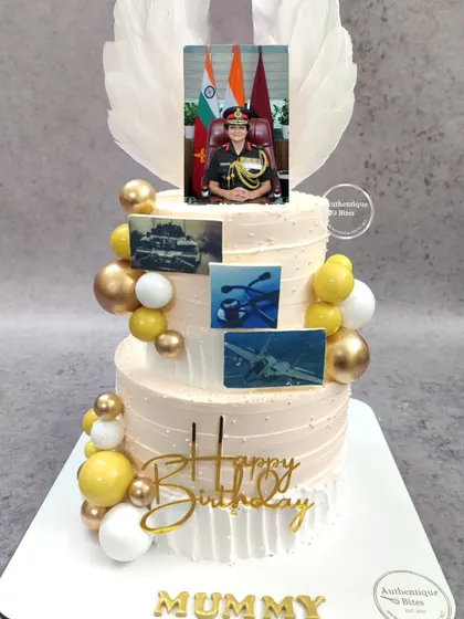 We were proud to create this birthday cake for Lt Gen Sadhna Saxena Nair, the Director General of Medical Services (Army). The cake features photos representing her incredible career and service.
