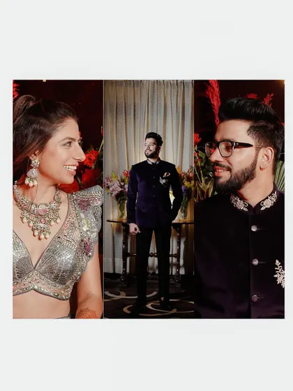 A creative collage of the couple's portraits from their Qawali night. The composition plays with different angles and expressions.