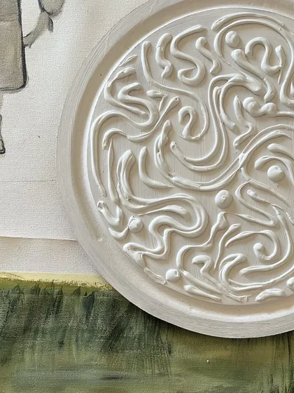 Another detail shot of the textured art, showing the intricate patterns I create. These pieces contrast beautifully with the minimalist line drawings in the set.
