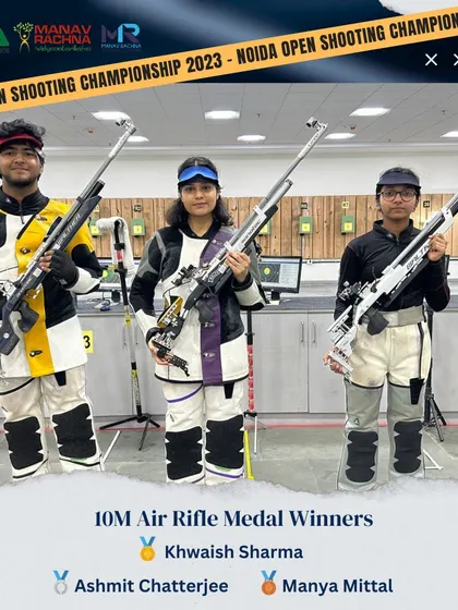 The medal winners of the 10M Air Rifle category at the Noida Open Shooting Championship, showcasing the young talent that emerged from the competition.