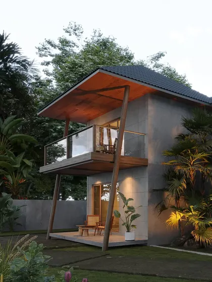 This design features a stilt-supported balcony with a glass railing and wooden ceiling, creating a light and airy outdoor space.