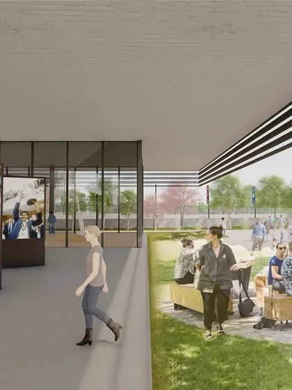 This rendering shows the proposed museum and community space at the MCA campus. The design features a flexible indoor-outdoor gallery and shaded public seating, creating a hub for both cultural exhibition and informal social interaction.