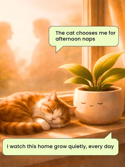 This sweet illustration shows how even the cat chooses a plant for its afternoon nap. Our green friends watch our homes grow quietly, every single day.