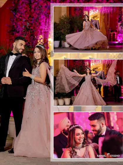 A series of images from a Chandigarh engagement, showcasing the couple's grand entry, portraits, and moments with friends.