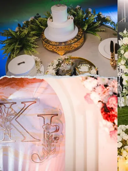 Details from an elegant engagement party. This collage showcases the personalized touches, like the custom "K" and "J" monogram, the intricate cake, and the romantic floral arrangements.