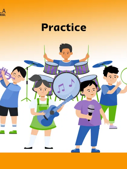 An illustration showing children practicing different instruments. One of the most important tips for making the most of music lessons is consistent practice.