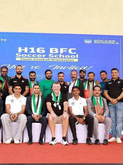 The full team of coaches, players, and partners at the H16 BFC Soccer School orientation event in Ajman. Together, we are shaping the future of football.