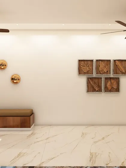 This minimalist living room concept features clean white walls, marble flooring, and simple wooden decor, creating a spacious and tranquil atmosphere.