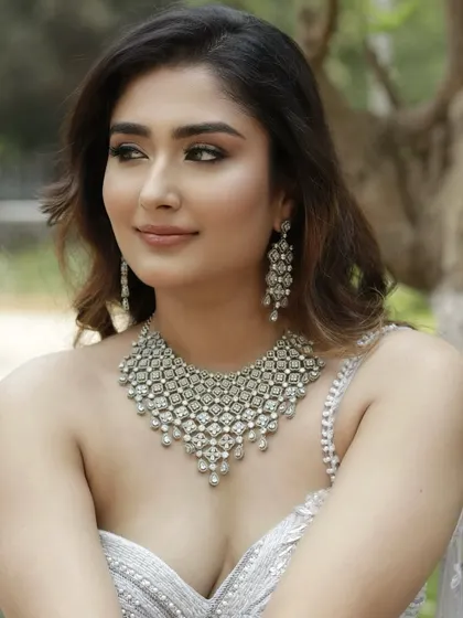 Another angle of the 'Sitara' look, showcasing the flawless skin and the way the diamond jewellery is complemented by the luminous makeup.