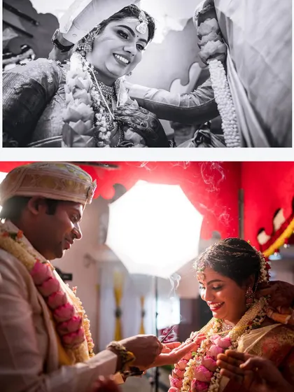 A beautiful collage capturing the essence of a South Indian wedding ceremony. The black and white image focuses on the bride's smile, while the color photo shows the ritual's context.