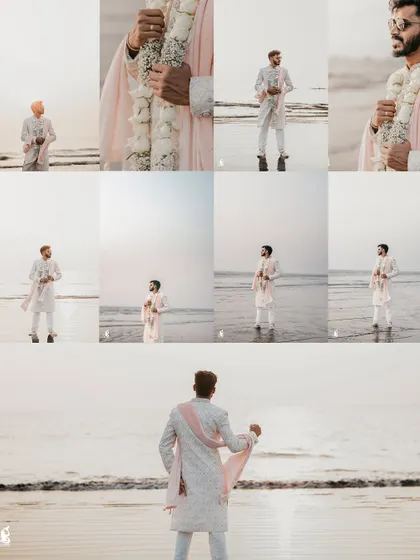 A collage dedicated to the groom's portraits on the beach, showcasing his elegant wedding attire against the serene ocean.