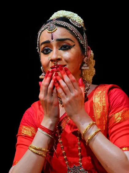 A close up capturing a moment of emotional vulnerability and pleading. Abhinaya allows for the expression of a wide range of human and divine feelings.