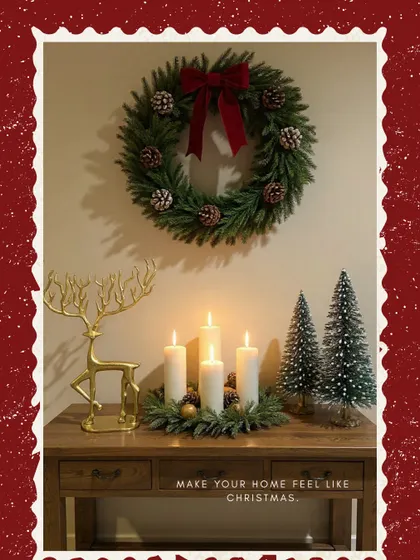 Make your home feel like Christmas with this simple console table setup. A classic wreath, our reindeer candelabra, and some miniature trees create an effortlessly festive display.