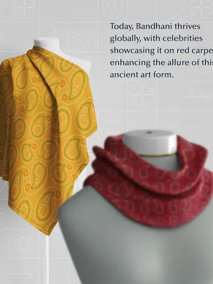 Today, the ancient art of Bandhani thrives globally. Its beautiful patterns are seen on modern apparel and have even graced international red carpets, showcasing its timeless allure.