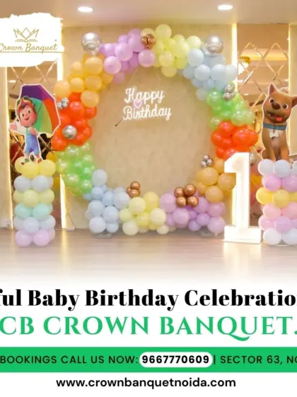 A joyful Cocomelon-themed first birthday setup. The colorful balloon arch and character cutouts create a playful and inviting atmosphere that kids and parents love.
