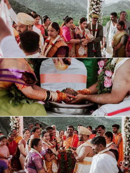 A triptych of candid moments from the wedding ceremony, capturing the emotions of the couple and their guests.