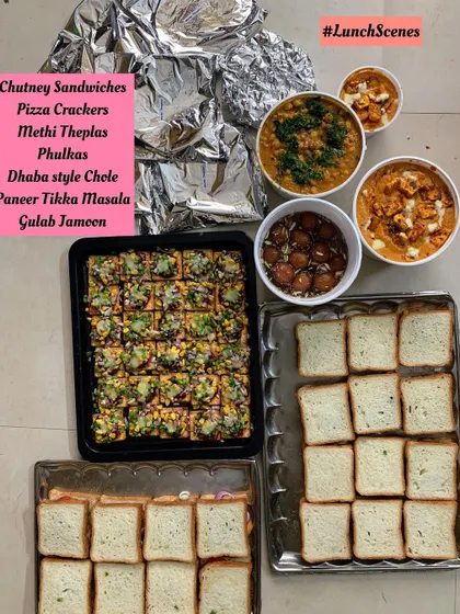A lunch scene featuring Chutney Sandwiches, Pizza Crackers, and other delicious dishes for a party.