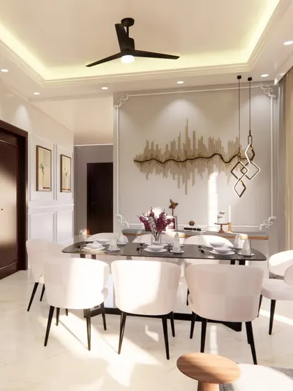 This render focuses on the dining area, highlighting the elegant dining set, statement wall art, and sophisticated lighting that create a perfect ambiance for meals.