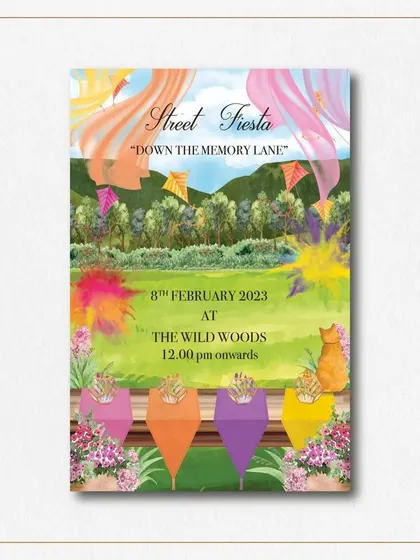 For the "Street Fiesta" event, we created a colorful illustration filled with kites, vibrant fabrics, and food stalls. This design captures the lively, celebratory energy of the party.