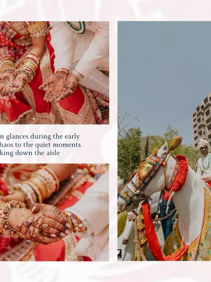 A collage showing key moments of a traditional Indian wedding, including the holding of hands and the groom's arrival on a horse (baraat). It tells a story of heritage and ritual.