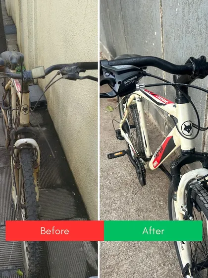We work on all types of bikes, including this Firefox hybrid. This before and after shows a significant improvement in cleanliness and component health after our premium repair service.