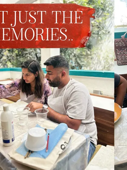 A collage showing a couple working together on their textured art piece. It's a great bonding experience.