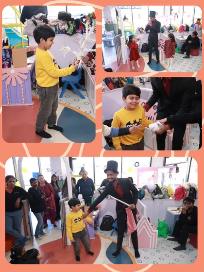 A collage of a magician interacting with the birthday boy, making him a part of the magic show.