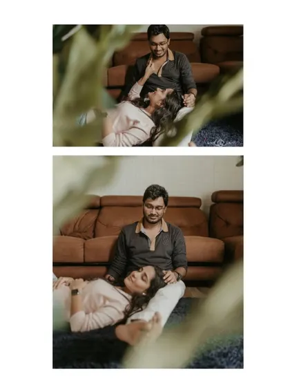 A collage of a cozy, at-home pre-wedding shoot. These images capture the couple relaxing and having fun in a comfortable setting, resulting in natural and intimate portraits.