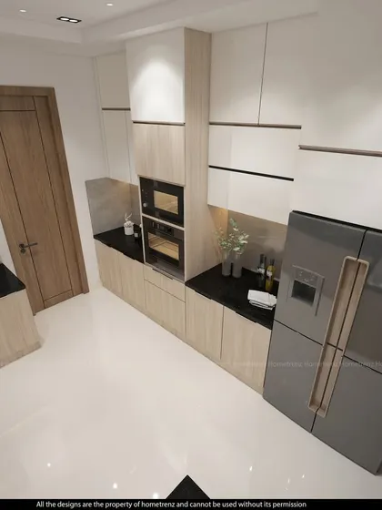 A two-tone kitchen design with light wood-finish lower cabinets and white upper cabinets. This combination, paired with a black granite countertop, offers a timeless and popular aesthetic.
