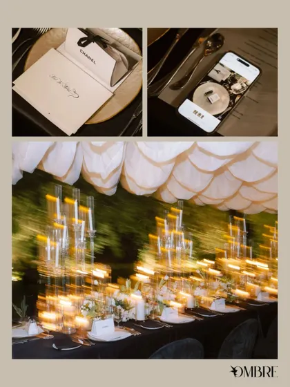 A collage of details from the elegant dinner, including the Chanel-themed menu and the mesmerizing, blurry lights of the candlelit table.