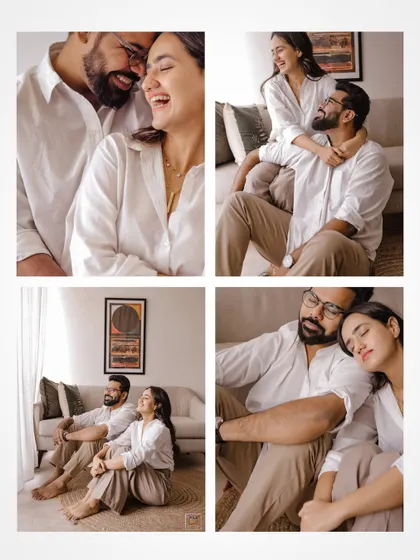 A collage of candid, happy moments from an indoor pre-wedding session.