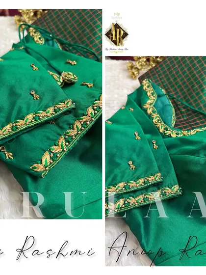 A simple green blouse with a delicate zardosi leaf border on the sleeves. Sometimes, less is more.