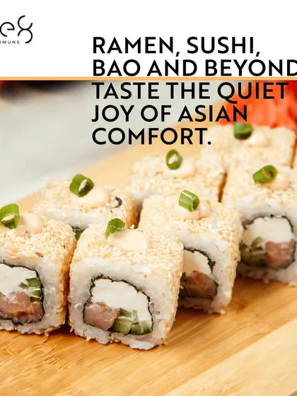 Experience the quiet joy of Asian comfort food at one8 Commune. This image features perfectly rolled sushi, showcasing the delicate balance of flavours in our ramen, sushi, and bao offerings.