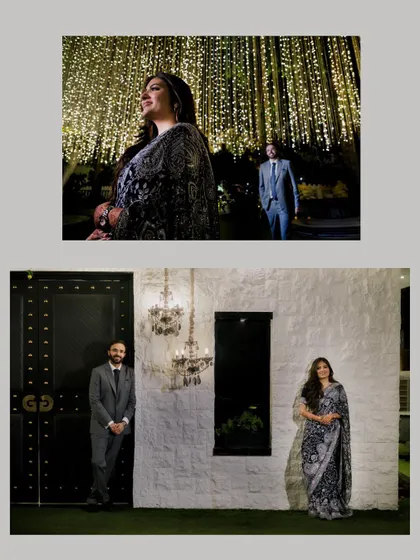 Dramatic evening portraits of the couple, using creative lighting from chandeliers and string lights to create a magical and romantic mood.