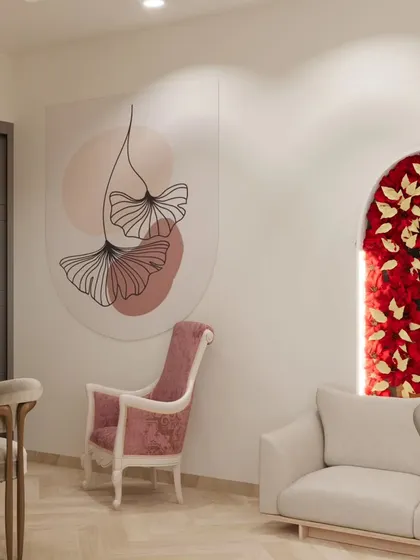 A detail shot from a salon concept, focusing on the wall art and accent chair. Small touches like these help to build the overall character and mood of the interior.