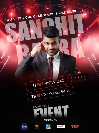 A poster for corporate events in Hyderabad and Dharamshalla, highlighting my work as a celebrities' choice mentalist.