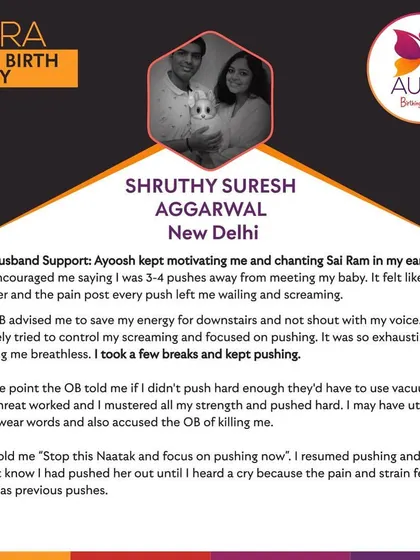 Shruthy shares the incredible support she received from her husband, who motivated her and chanted in her ears. Even when the OB threatened a vacuum, she mustered all her strength to push.