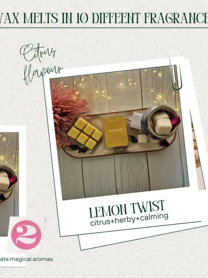 Highlighting the 'Lemon Twist' wax melt. Its citrus and herby notes are incredibly calming and refreshing.